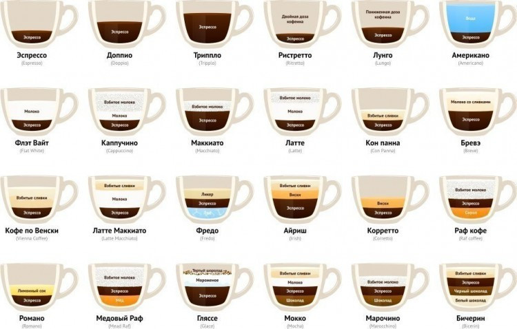 инфографика с обзором кофейных напитков эспрессо