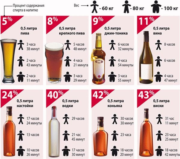 Данные о выведении алкоголя из организма.